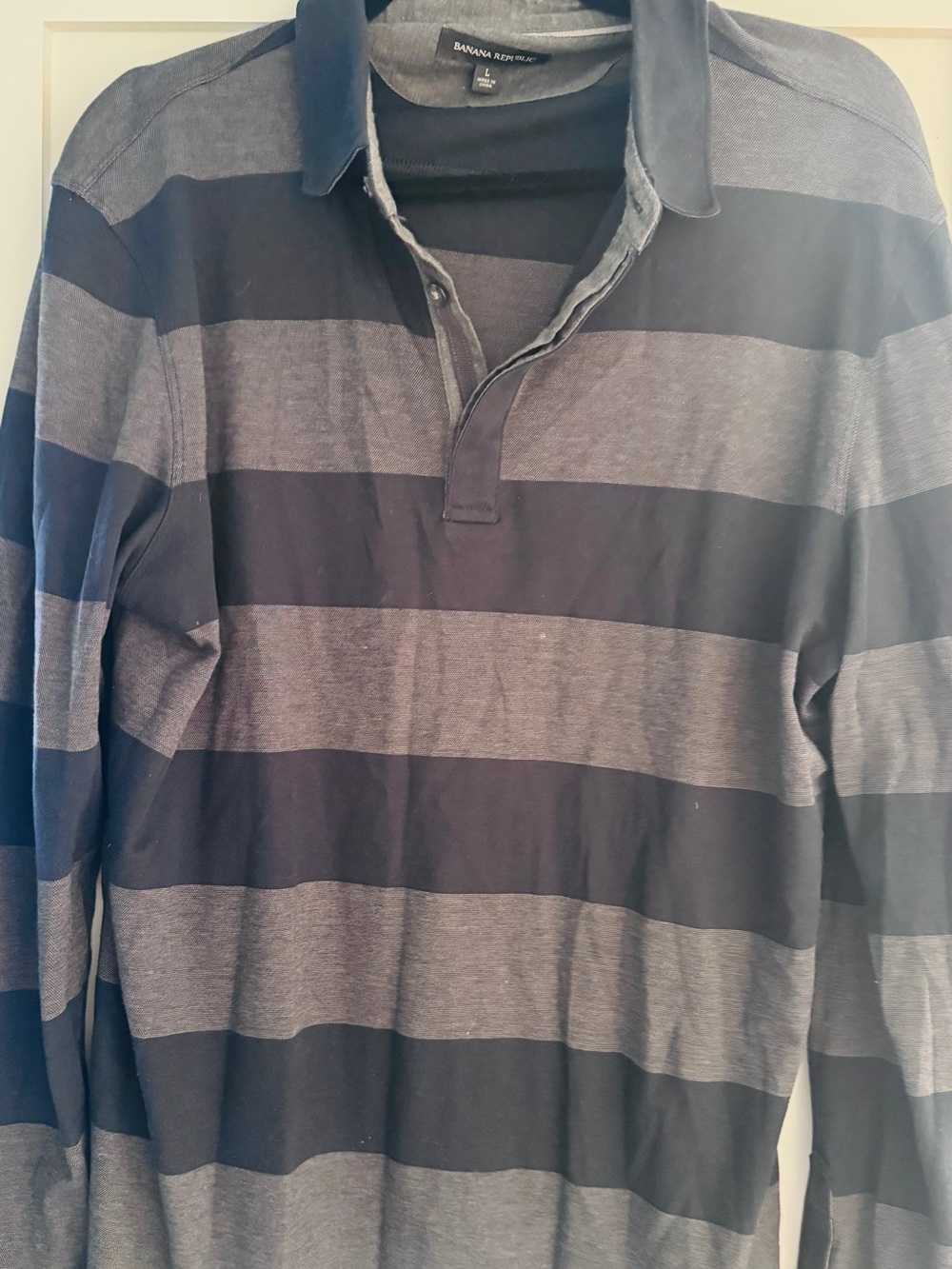 Banana Republic Men's Long-Sleeve Rugby Stripe Polo - Navy & Gray
